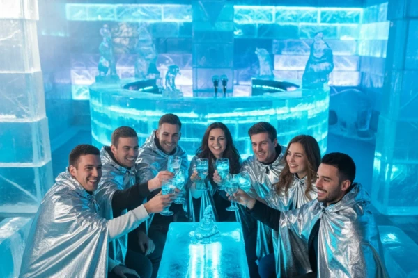 Group of friends in silver thermal capes toasting vodka cocktails inside an Amsterdam ice bar with blue lighting and ice sculptures