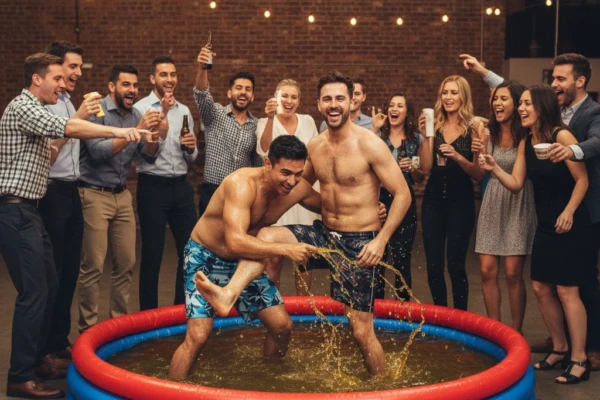Two friends in swim shorts comedically wrestling in an inflatable pool of oil while a group cheers with drinks raised at an Amsterdam stag do event
