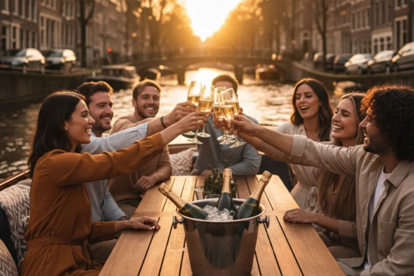 Group of friends toasting drinks on a private Booze Boat canal cruise in Amsterdam at golden hour with bottles in an ice bucket