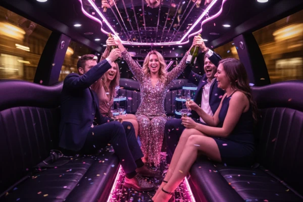 Group of friends partying inside an Amsterdam stretch limo with an entertainer and champagne, neon LED lighting
