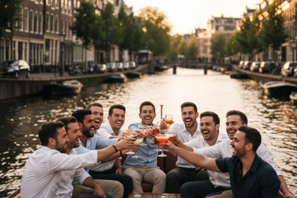 Group of friends on a private party boat on an Amsterdam canal at sunset — stag do experience