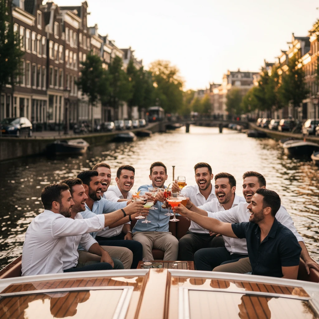 Group of friends on a private party boat on an Amsterdam canal at sunset — stag do experience