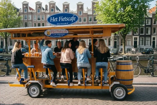 Group riding a beer bike past the canals in Amsterdam