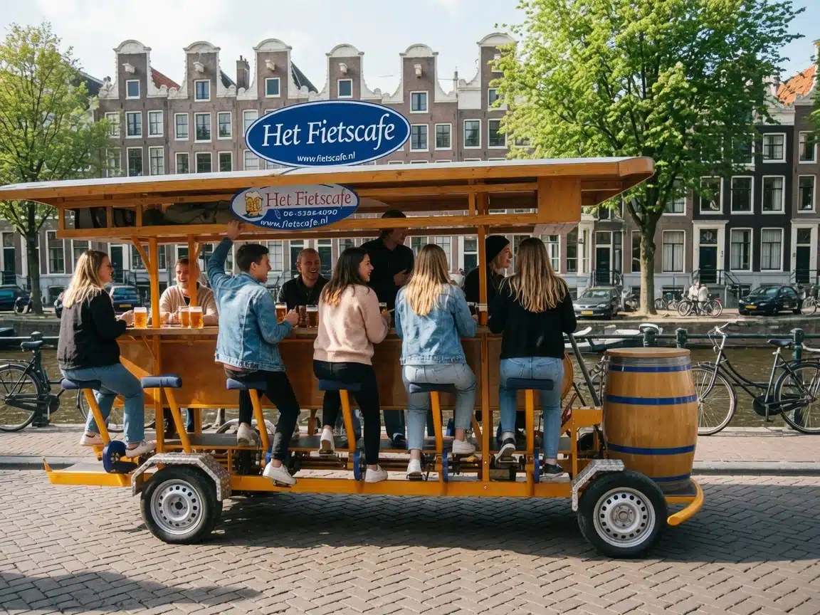 Group riding a beer bike past the canals in Amsterdam