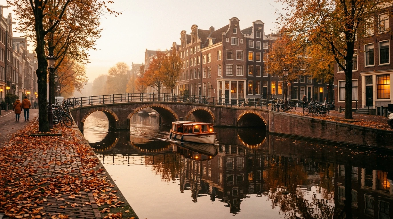 Autumn golden-hour view of an Amsterdam canal with gabled houses, fallen leaves and a lit bridge